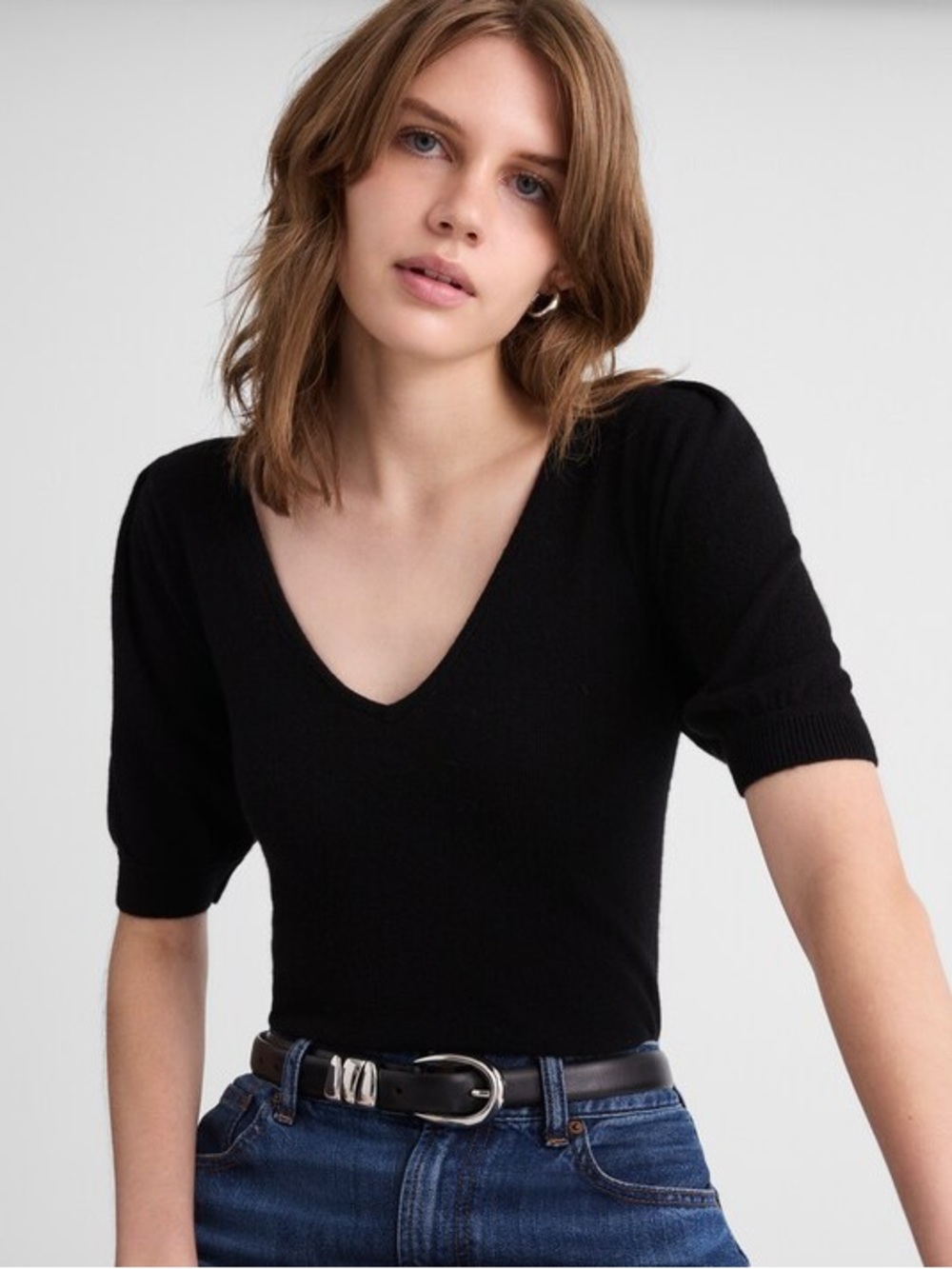 Madewell V-Neck Puff-Sleeve Sweater Tee in Cashmere in Black Size XS